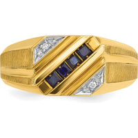 14K Yellow Gold Men's Satin Band Ring with Square Sapphire and Diamond Accents by IBGoodman