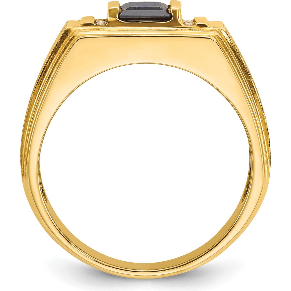 14K Yellow Gold Men's Satin Finish Ring with Square Sapphire and Round Diamonds by IBGoodman