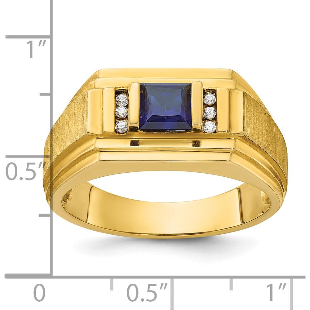 14K Yellow Gold Men's Satin Finish Ring with Square Sapphire and Round Diamonds by IBGoodman