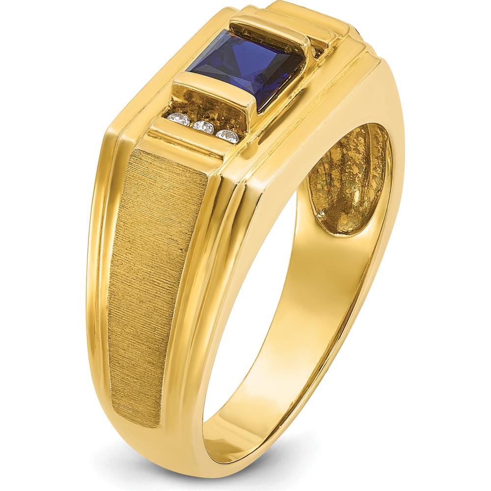 14K Yellow Gold Men's Satin Finish Ring with Square Sapphire and Round Diamonds by IBGoodman