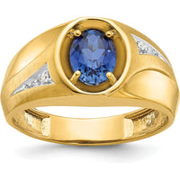 14K Yellow Gold Men's Satin Ring with Oval Created Sapphire and Round Diamonds - 0.007 Carats Total Diamond Weight by IBGoodman
