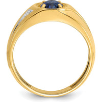 14K Yellow Gold Men's Satin Ring with Oval Created Sapphire and Round Diamonds - 0.007 Carats Total Diamond Weight by IBGoodman