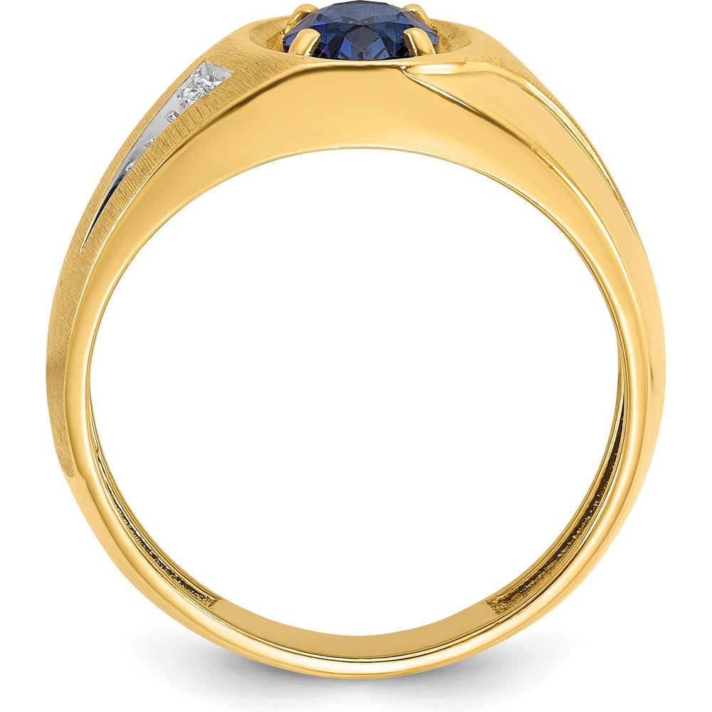 14K Yellow Gold Men's Satin Ring with Oval Created Sapphire and Round Diamonds - 0.007 Carats Total Diamond Weight by IBGoodman