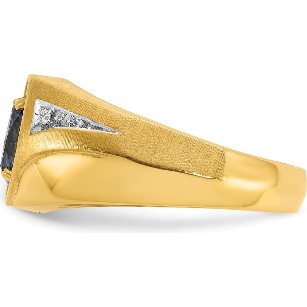14K Yellow Gold Men's Satin Ring with Oval Created Sapphire and Round Diamonds - 0.007 Carats Total Diamond Weight by IBGoodman