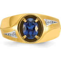 14K Yellow Gold Men's Satin Ring with Oval Created Sapphire and Round Diamonds - 0.007 Carats Total Diamond Weight by IBGoodman