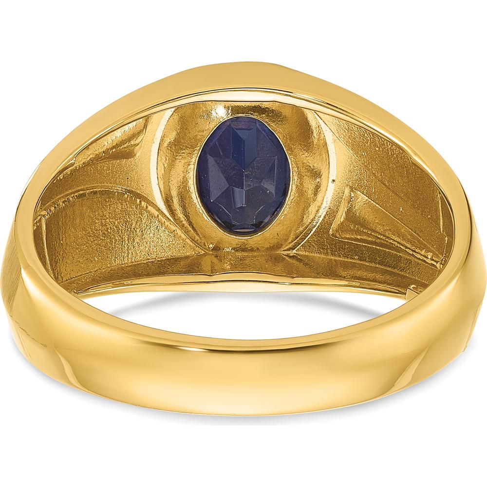 14K Yellow Gold Men's Satin Ring with Oval Created Sapphire and Round Diamonds - 0.007 Carats Total Diamond Weight by IBGoodman