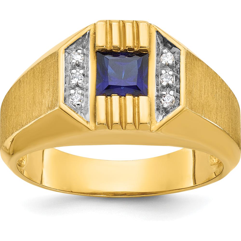 14K Yellow Gold Men's Satin Ring with Square-Cut Sapphire and Diamond Accents by IBGoodman