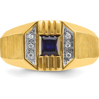 14K Yellow Gold Men's Satin Ring with Square-Cut Sapphire and Diamond Accents by IBGoodman