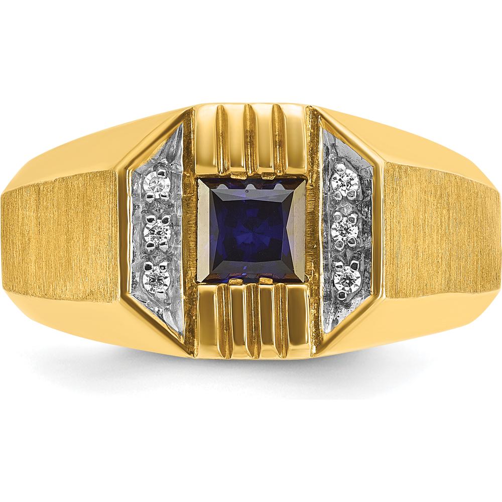 14K Yellow Gold Men's Satin Ring with Square-Cut Sapphire and Diamond Accents by IBGoodman