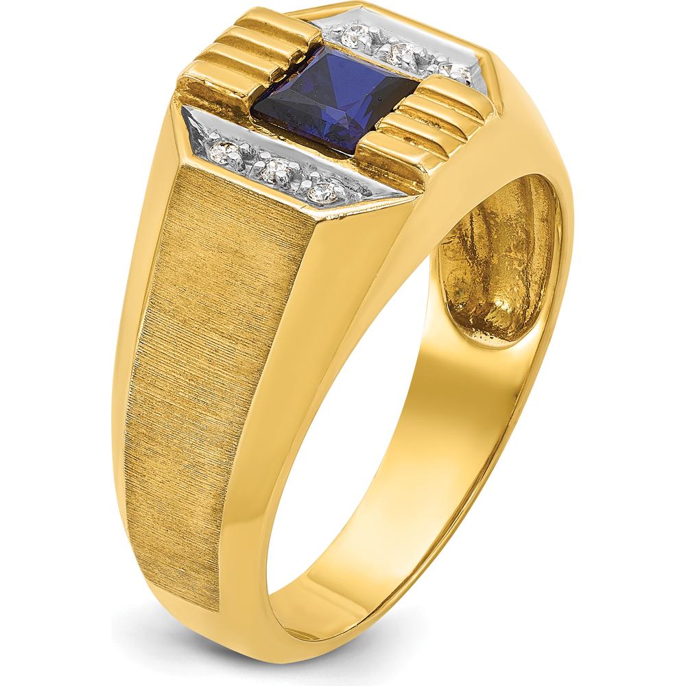 14K Yellow Gold Men's Satin Ring with Square-Cut Sapphire and Diamond Accents by IBGoodman