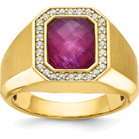 14K Yellow Gold Men's Satin Ruby Doublet Stone Ring with 1/4 Carat Diamond Halo by IBGoodman