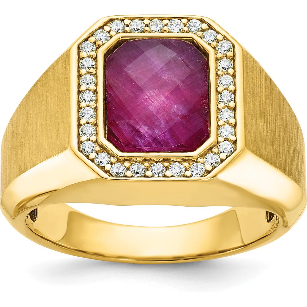 14K Yellow Gold Men's Satin Ruby Doublet Stone Ring with 1/4 Carat Diamond Halo by IBGoodman