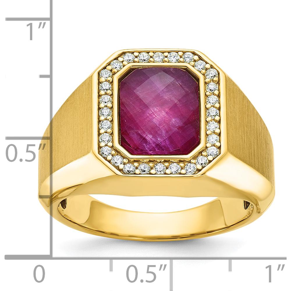 14K Yellow Gold Men's Satin Ruby Doublet Stone Ring with 1/4 Carat Diamond Halo by IBGoodman