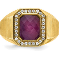 14K Yellow Gold Men's Satin Ruby Doublet Stone Ring with 1/4 Carat Diamond Halo by IBGoodman
