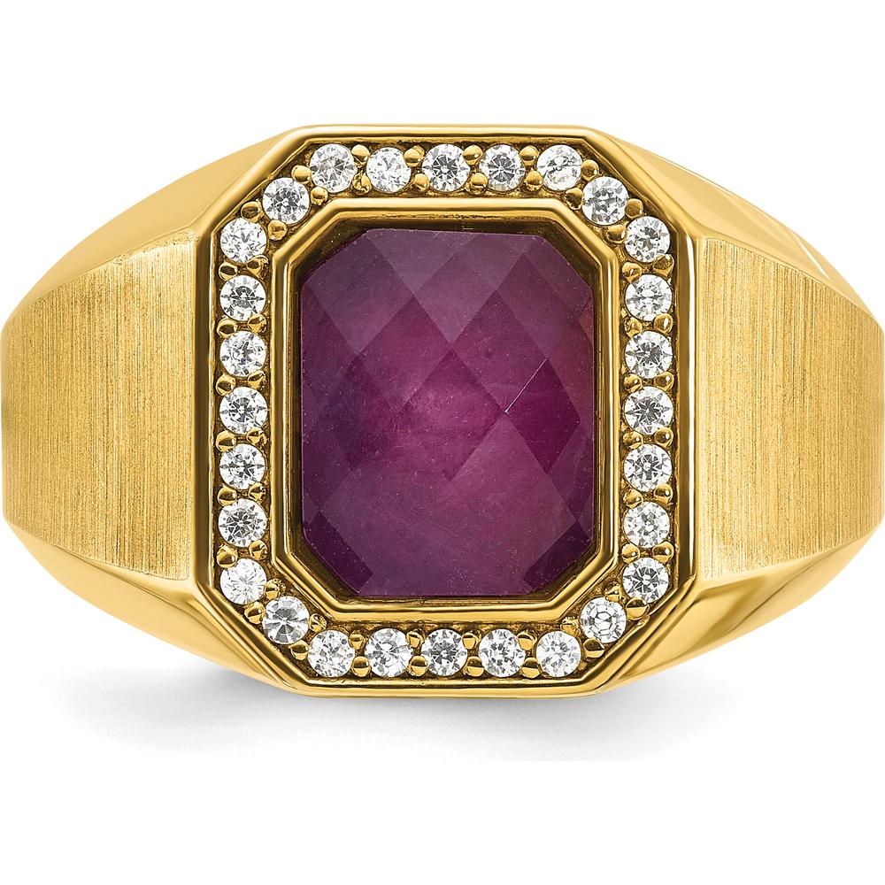 14K Yellow Gold Men's Satin Ruby Doublet Stone Ring with 1/4 Carat Diamond Halo by IBGoodman