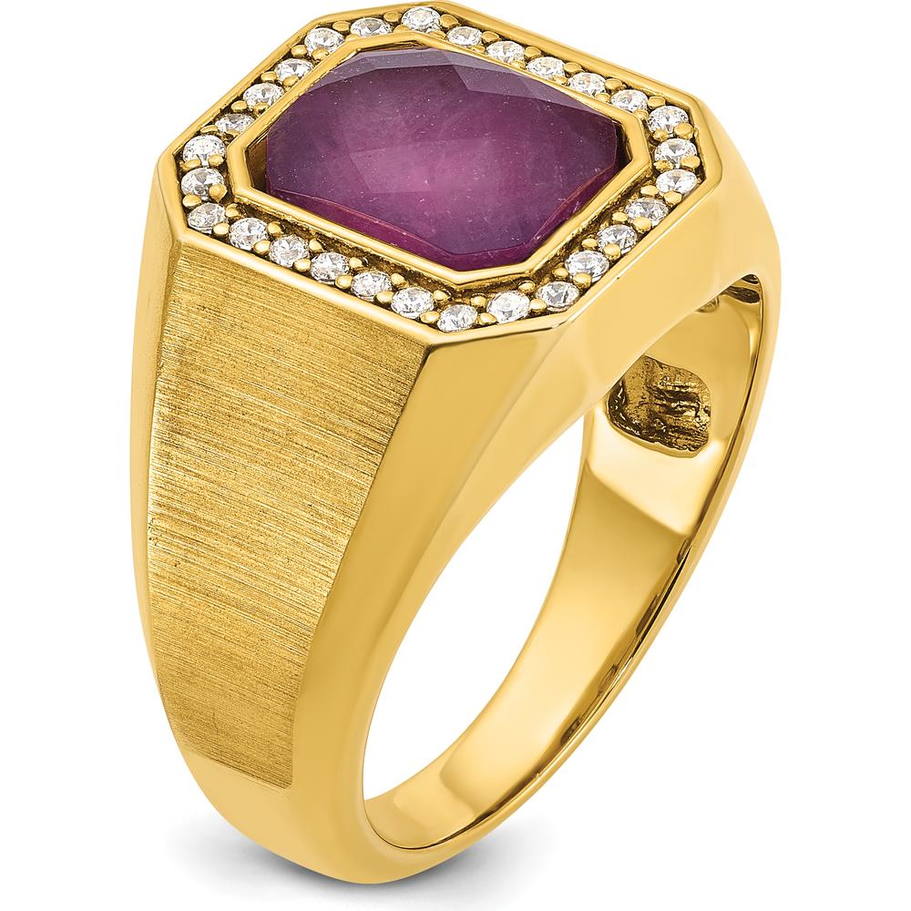 14K Yellow Gold Men's Satin Ruby Doublet Stone Ring with 1/4 Carat Diamond Halo by IBGoodman