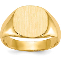 14K Yellow Gold Men's Signet Ring with Brushed Satin Finish - Engravable, 13.5x12.5mm Top by 0