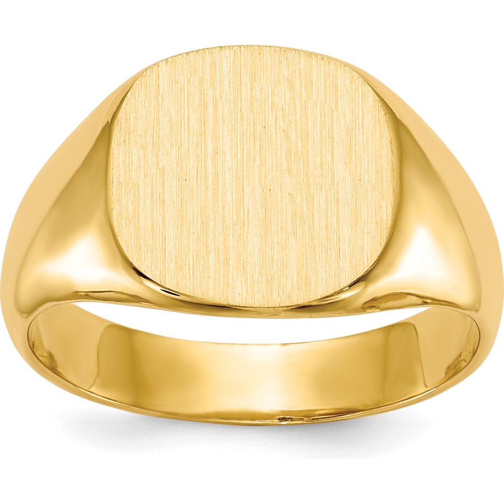 14K Yellow Gold Men's Signet Ring with Brushed Satin Finish - Engravable, 13.5x12.5mm Top by 0