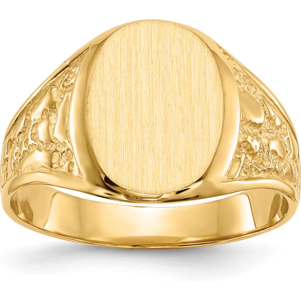14K Yellow Gold Men's Signet Ring with Polished and Satin Finish - Engravable, Resizable - 14mm Top Width by 0