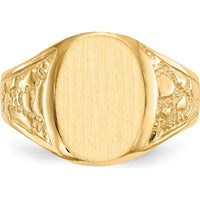 14K Yellow Gold Men's Signet Ring with Polished and Satin Finish - Engravable, Resizable - 14mm Top Width by 0