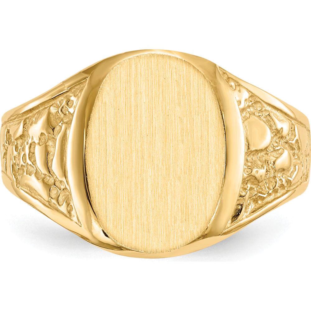 14K Yellow Gold Men's Signet Ring with Polished and Satin Finish - Engravable, Resizable - 14mm Top Width by 0