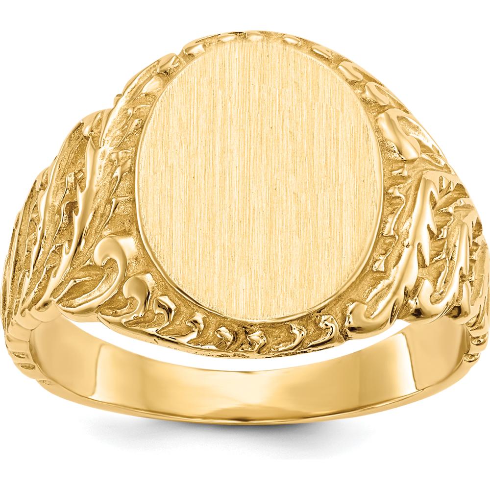 14K Yellow Gold Men's Signet Ring with Satin and Polished Finish - Engravable, 10.5x13.0mm by 0