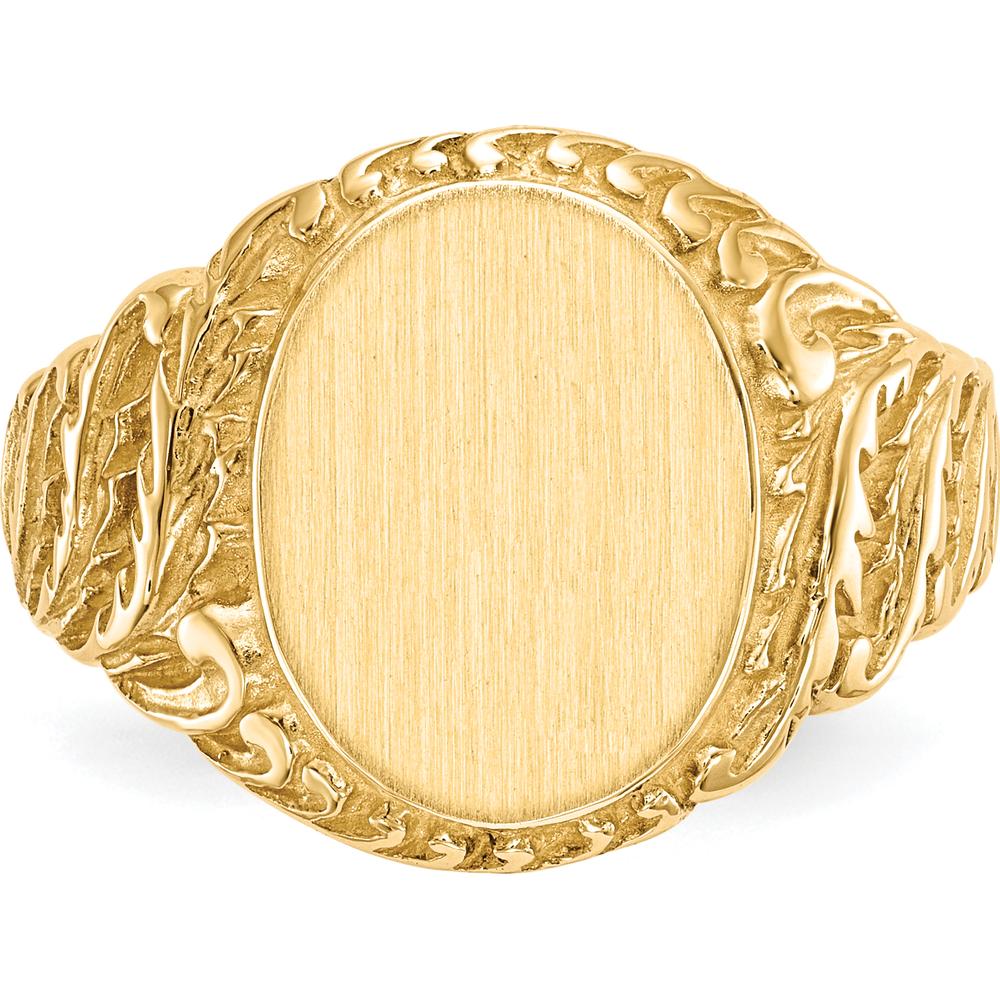 14K Yellow Gold Men's Signet Ring with Satin and Polished Finish - Engravable, 10.5x13.0mm by 0