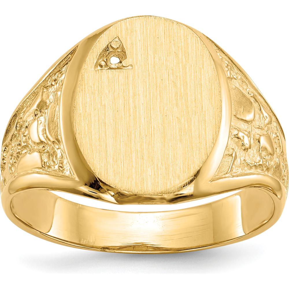 14K Yellow Gold Men's Signet Ring with Satin Finish and Polished Tapered Band - Engravable Oval Top, 11.0x15.0mm by 0