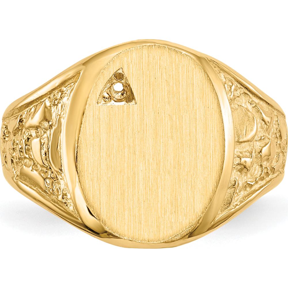 14K Yellow Gold Men's Signet Ring with Satin Finish and Polished Tapered Band - Engravable Oval Top, 11.0x15.0mm by 0