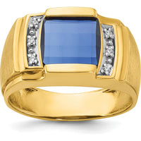 14K Yellow Gold Men's Square-Cut Sapphire and Diamond Ring with 6 Diamonds by IBGoodman