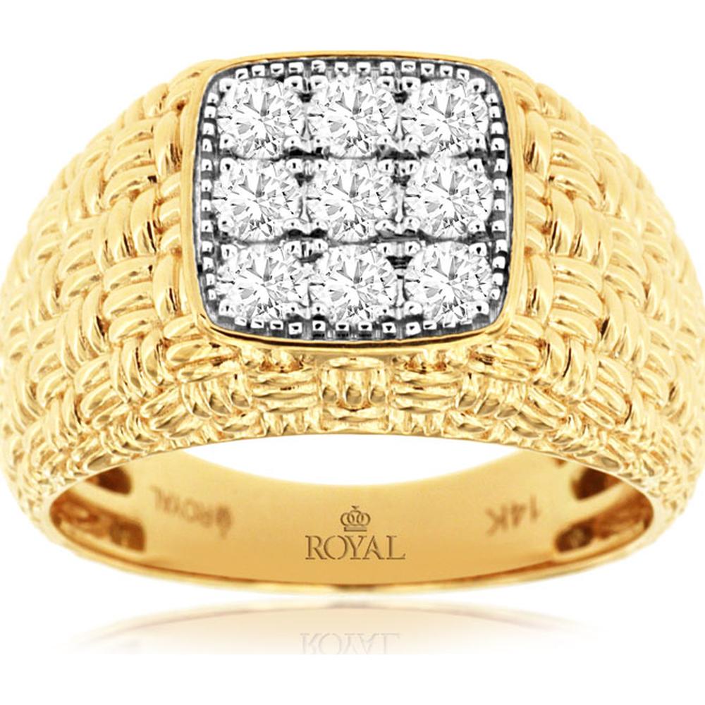 14K Yellow Gold Men's Textured Contemporary Ring with Square Top Round Diamonds - 0.75 Carat Total Diamond Weight - Royal Jewelry