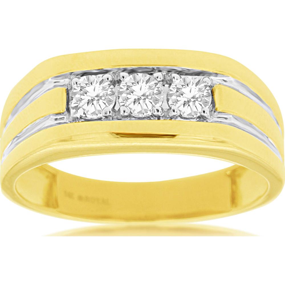 14K Yellow Gold Men's Three-Stone Diamond Ring with Channel Set Round Diamonds - 0.50 Carat Total Weight - Royal Jewelry