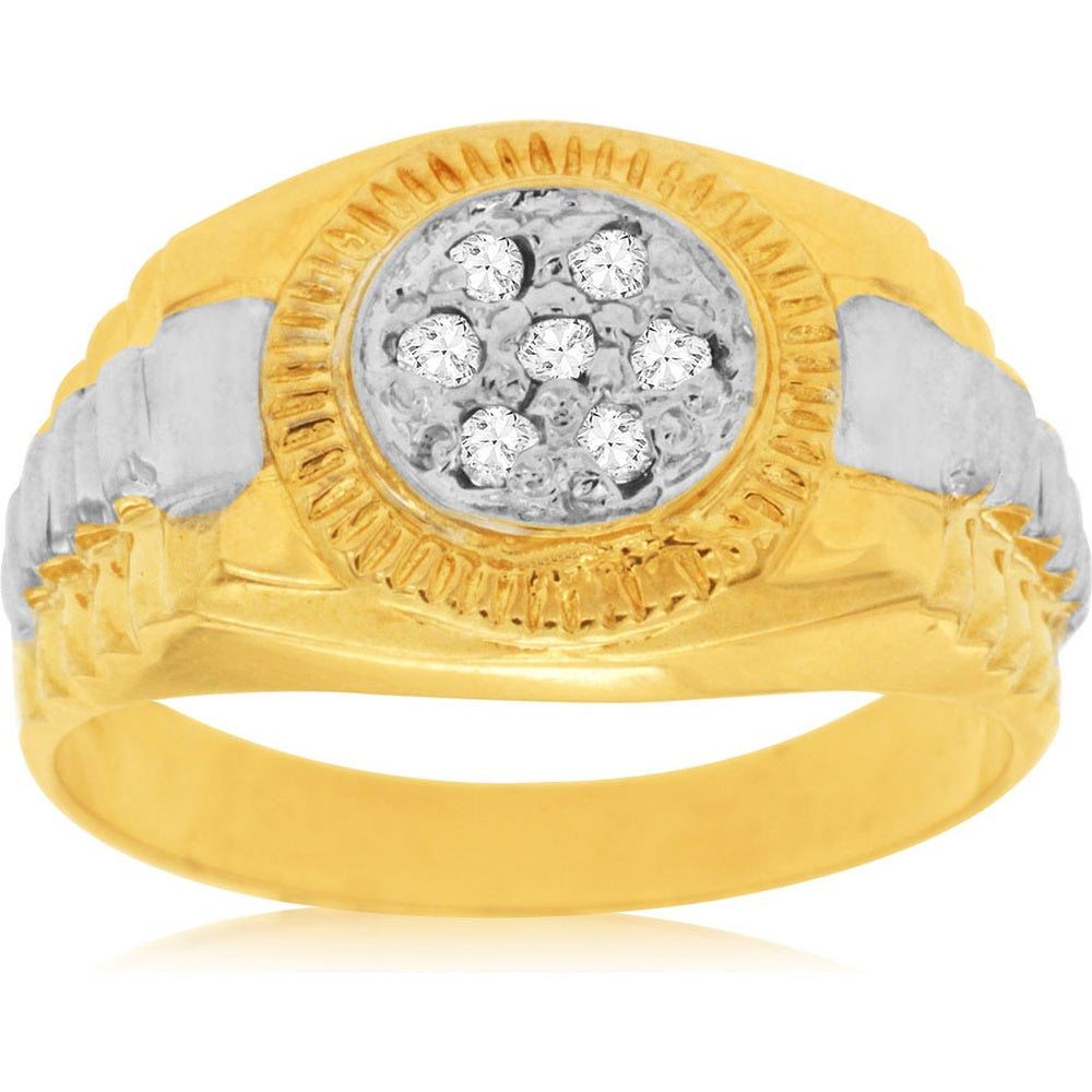 14K Yellow Gold Men's Two-Tone Ring with Cluster Setting Round Diamonds - 0.15 Carat Total Diamond Weight - Royal Jewelry