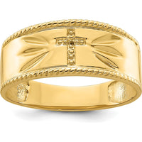 14K Yellow Gold Men's Wedding Ring with Rhodium Cross Detail - Beaded Edge Design by IBGoodman