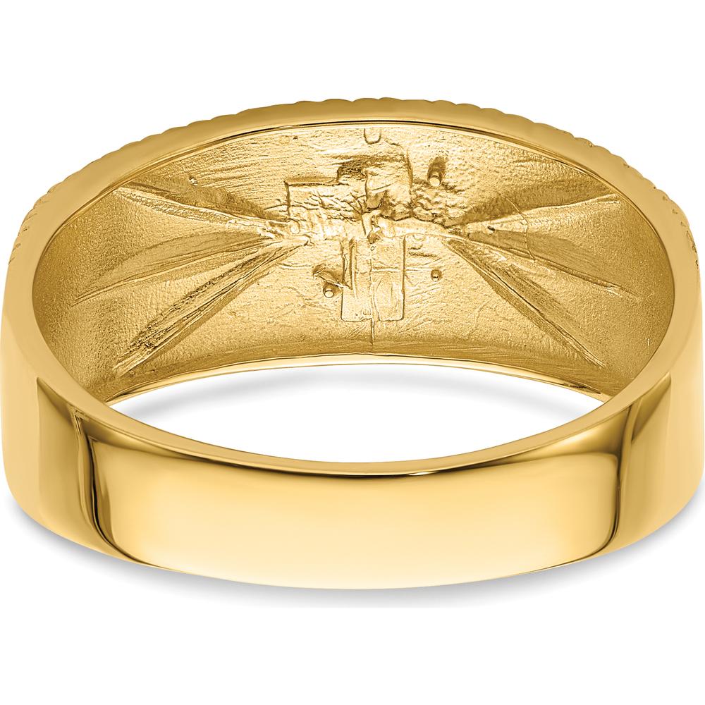 14K Yellow Gold Men's Wedding Ring with Rhodium Cross Detail - Beaded Edge Design by IBGoodman