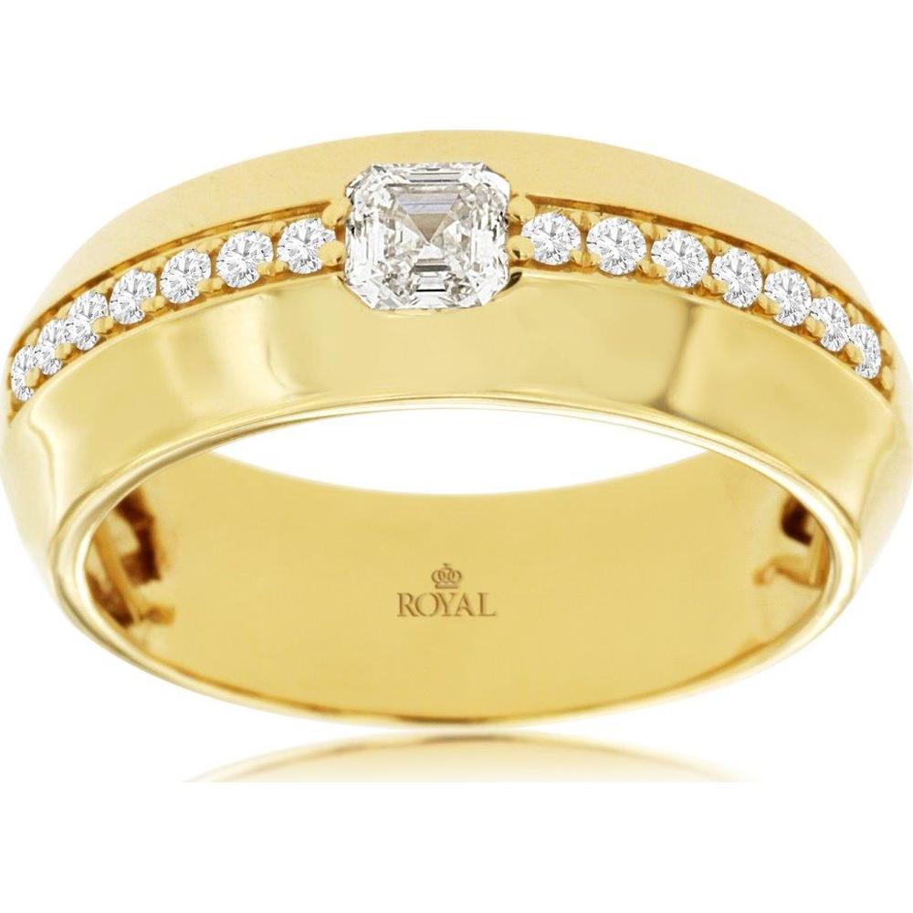 14K Yellow Gold Men's Wide Band Ring with 0.66 Carat Square Emerald Cut Center Diamond and Channel Set Round Diamond Accents - Royal Jewelry