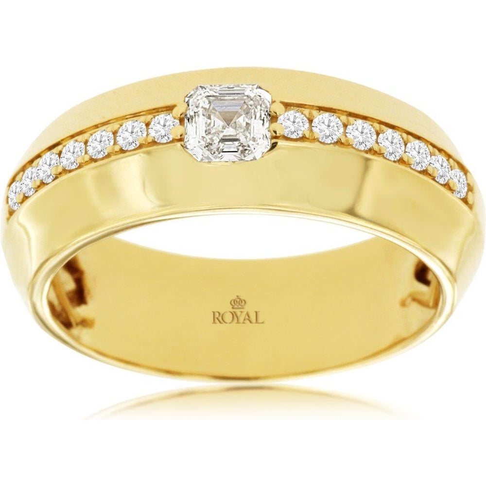 14K Yellow Gold Men's Wide Band Ring with Channel-Set Square and Round Diamonds - 0.66 Carat Total Diamond Weight - Royal Jewelry