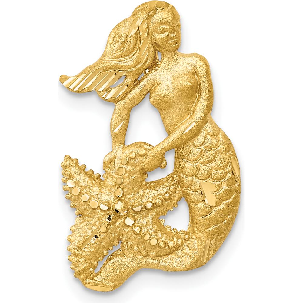 14K Yellow Gold Mermaid Pendant with Diamond-Cut Texture and Starfish Charm - Omega Slide Compatible by Oro Pregiato