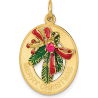 14K Yellow Gold Merry Christmas Mistletoe Charm with Synthetic Ruby Birthstone