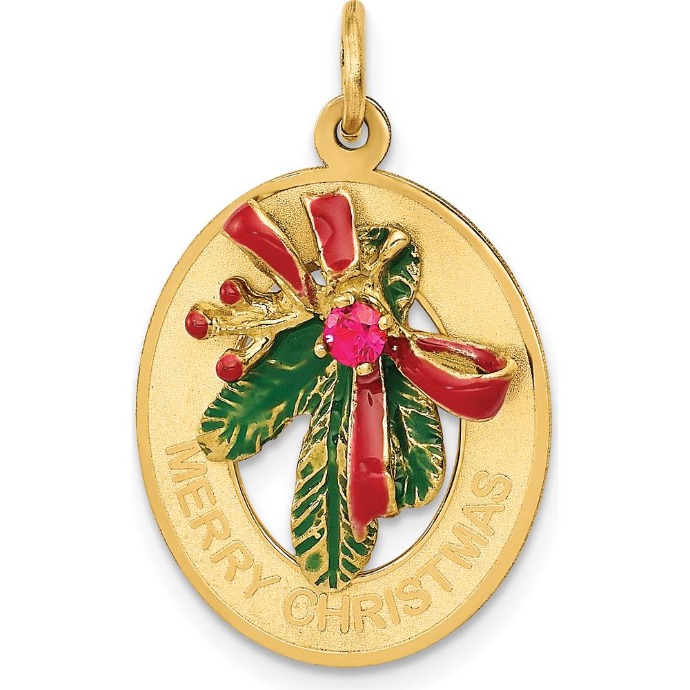 14K Yellow Gold Merry Christmas Mistletoe Charm with Synthetic Ruby Birthstone