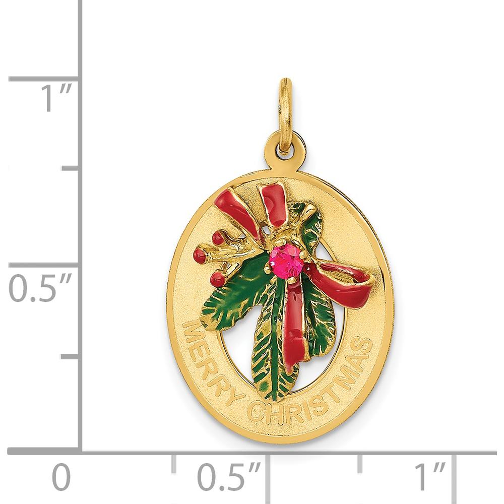 14K Yellow Gold Merry Christmas Mistletoe Charm with Synthetic Ruby Birthstone