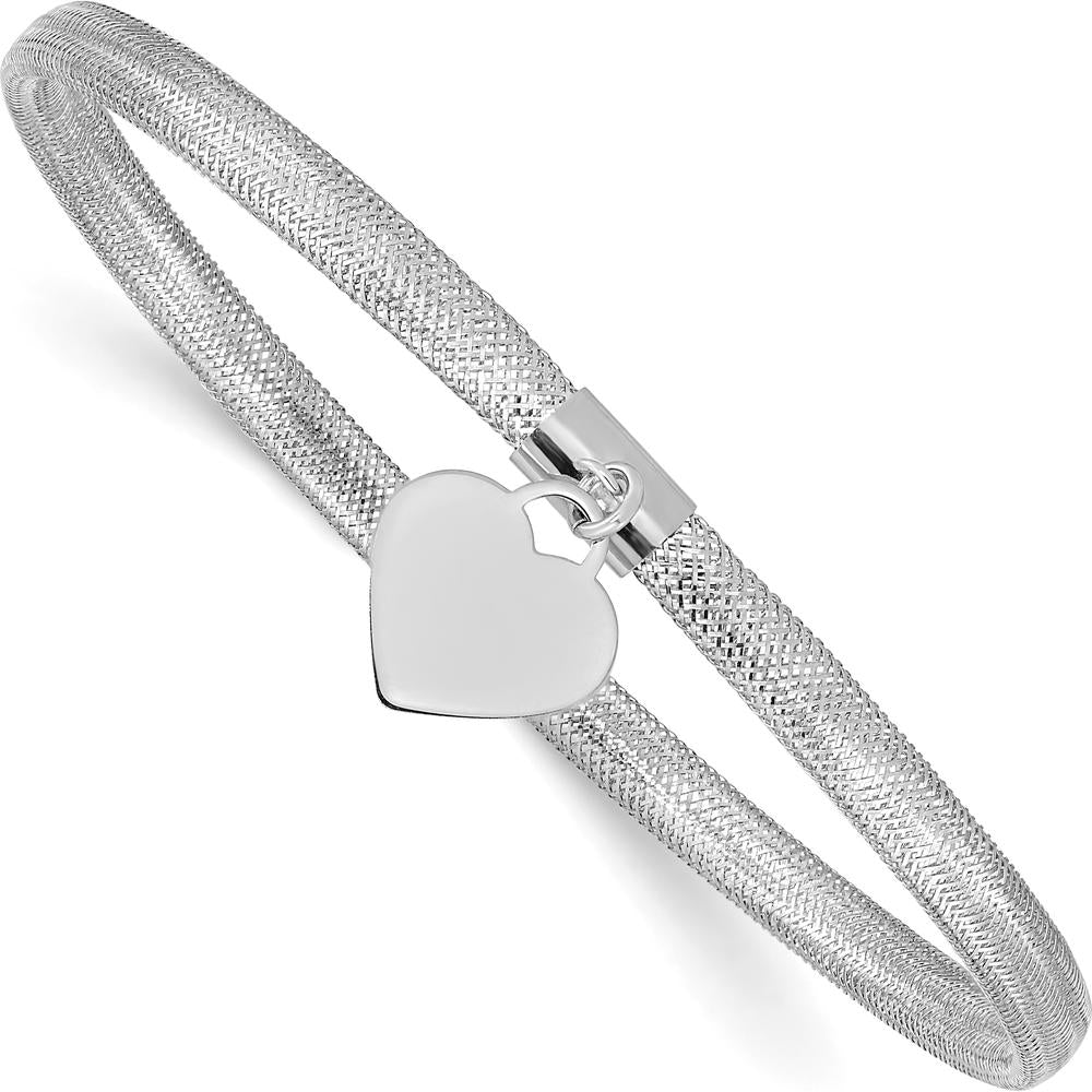 14K Yellow Gold Mesh Stretch Bracelet with Rhodium-Plated Heart Charm - Slip-On Design by 0