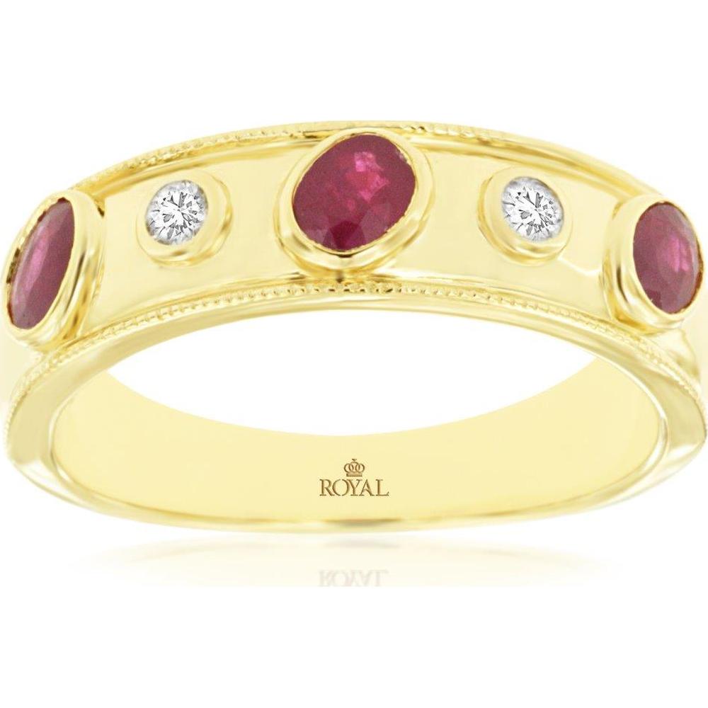 14K Yellow Gold Milgrain Band Ring with Bezel Set Oval Ruby and Round Diamonds - 0.53 Carat Ruby Total, 0.10 Carat Diamond Total - Royal Jewelry