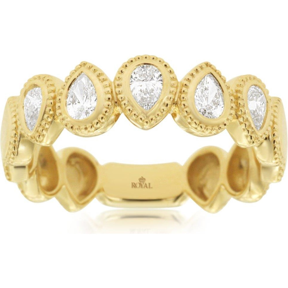 14K Yellow Gold Milgrain Bezel Set Pear-Shaped Diamond Wedding Band - 0.43 Carat Total Diamond Weight - Royal Jewelry