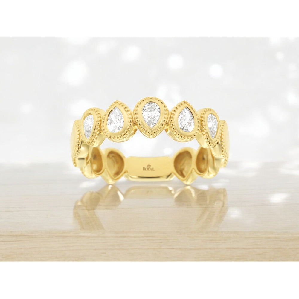 14K Yellow Gold Milgrain Bezel Set Pear-Shaped Diamond Wedding Band - 0.43 Carat Total Diamond Weight - Royal Jewelry