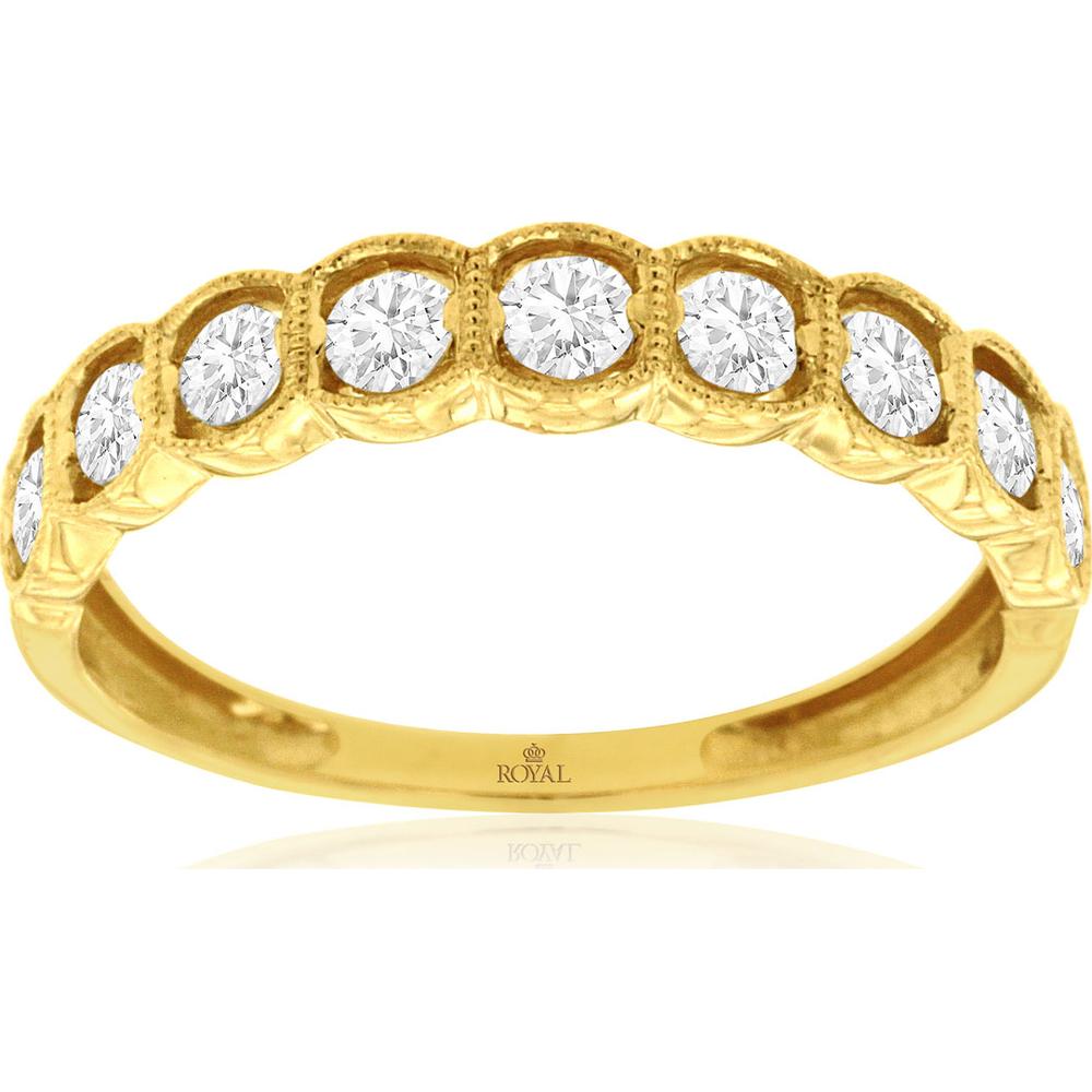 14K Yellow Gold Milgrain Diamond Wedding Band with Bezel-Style Set Round Diamonds - 0.50 Carat Total Diamond Weight - Royal Jewelry