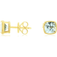 14K Yellow Gold Milgrain-Edge Cushion Cut Aquamarine Stud Earrings - 2.25 Carat Total Gem Weight - Royal Jewelry
