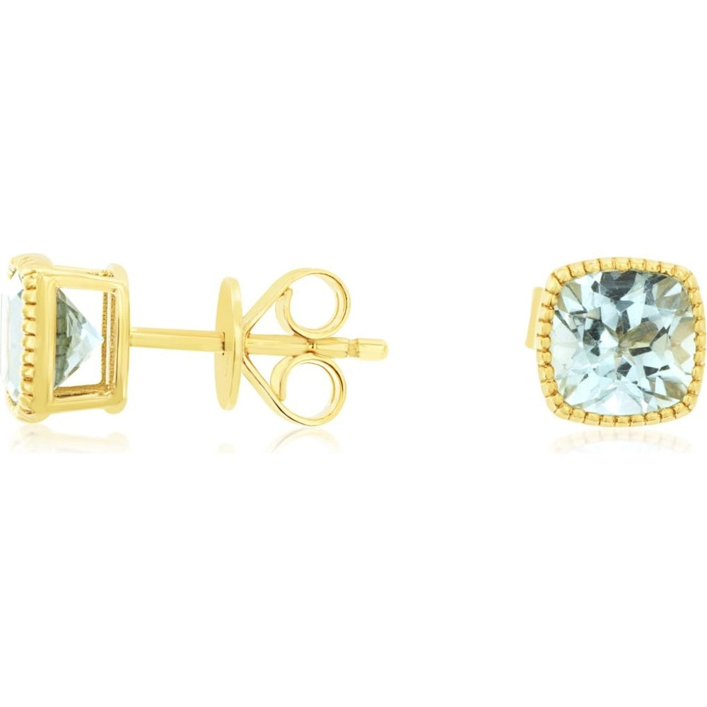 14K Yellow Gold Milgrain-Edge Cushion Cut Aquamarine Stud Earrings - 2.25 Carat Total Gem Weight - Royal Jewelry