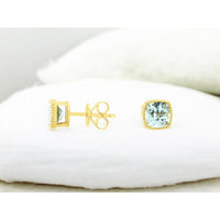 14K Yellow Gold Milgrain-Edge Cushion Cut Aquamarine Stud Earrings - 2.25 Carat Total Gem Weight - Royal Jewelry