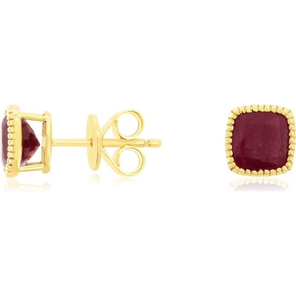 14K Yellow Gold Milgrain-Edge Cushion Cut Ruby Stud Earrings - 2.30 Carat Total Ruby Weight - Royal Jewelry
